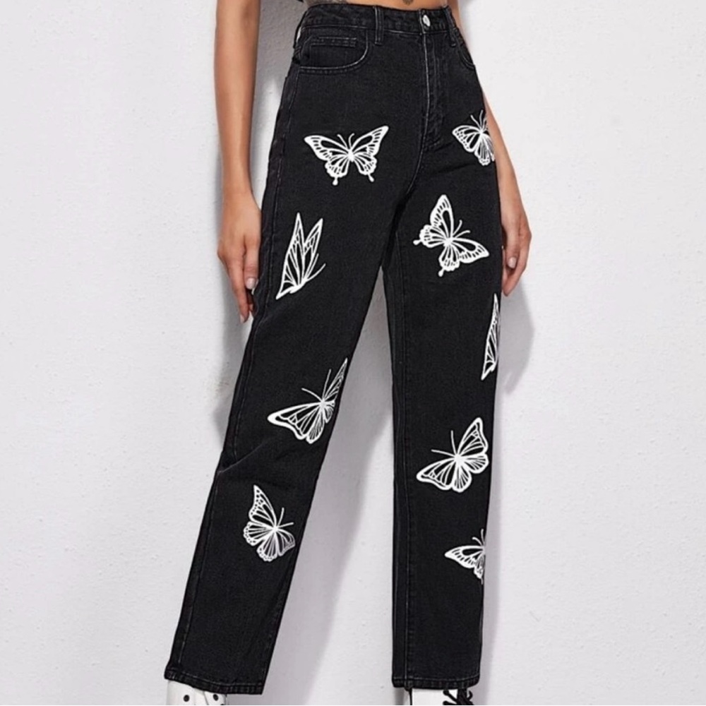 Black Butterfly Print Women's Black Straight Jeans